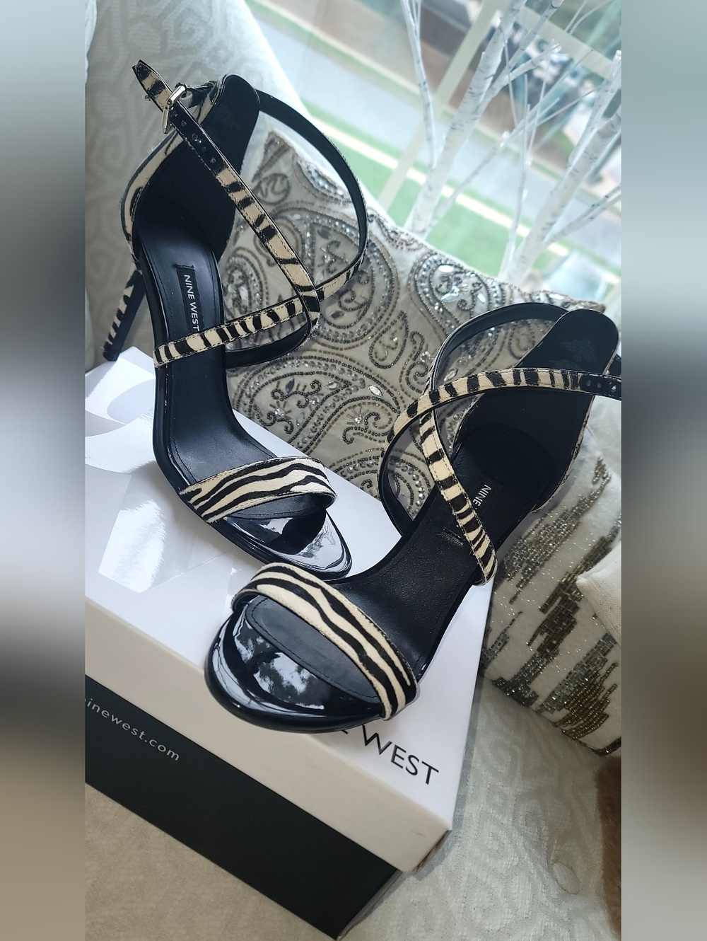 Nine West Black & Cream Zebra Strappy High-Heel Sandals